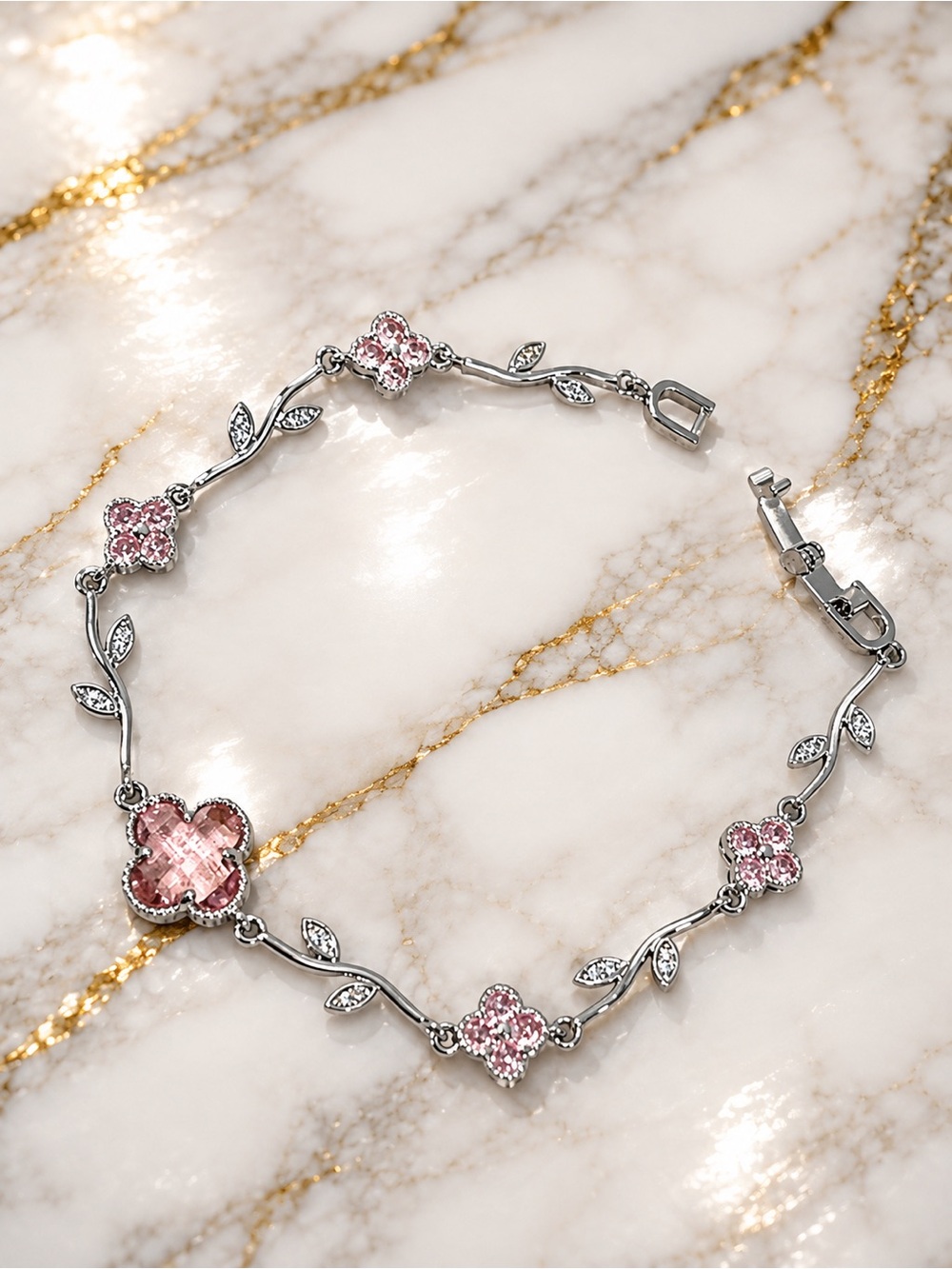 Pink Crystal Bracelet Set - Clover Gem and Flowers Vine & Tennis Bracelets - Picture 4 of 5